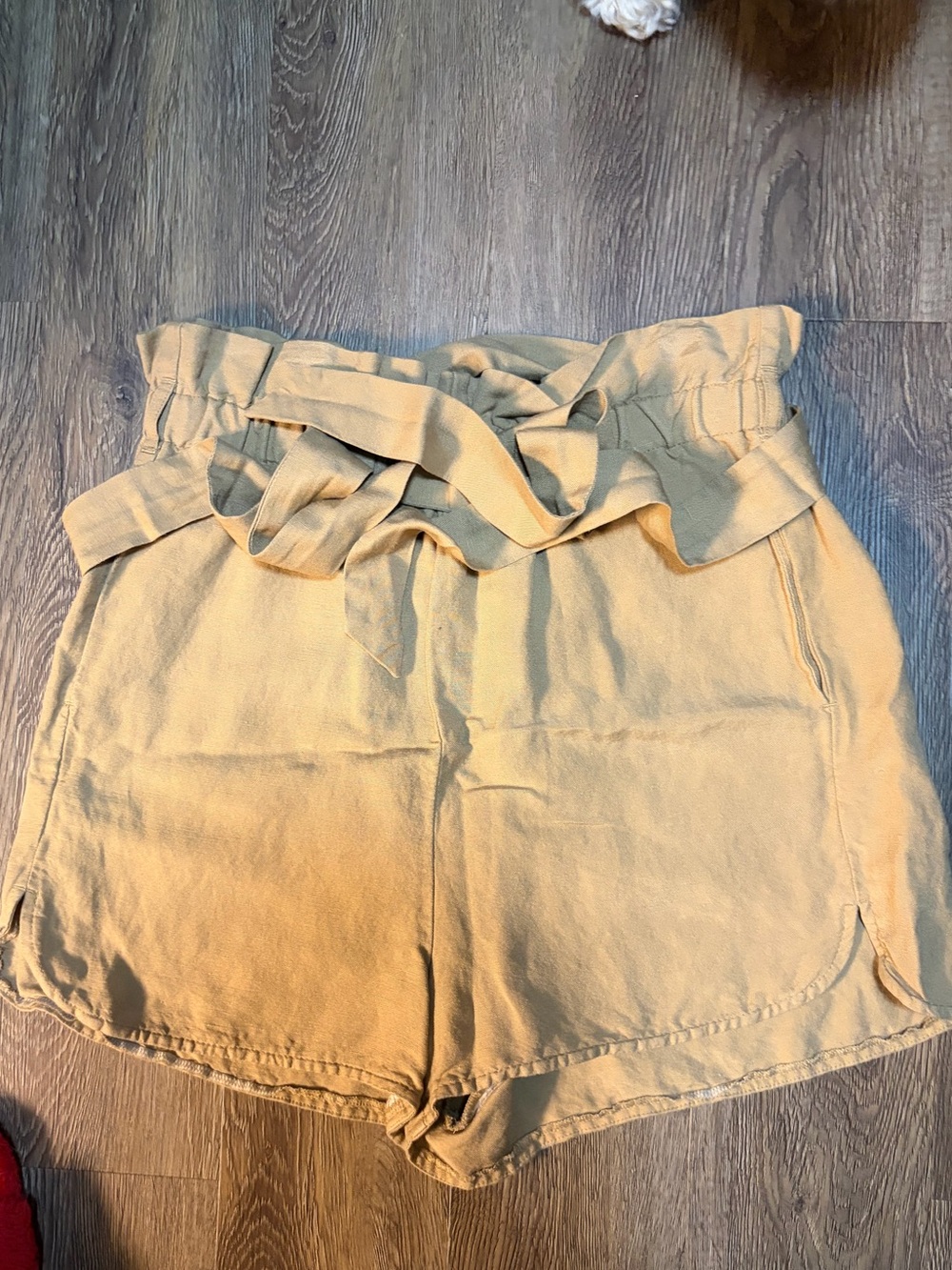 Express High-Waist Paperbag Shorts in Tan